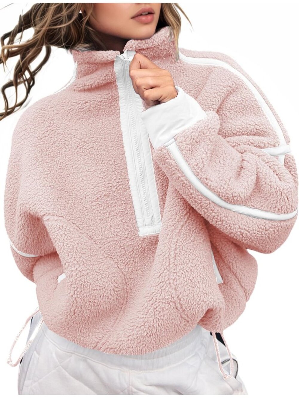 Women’s Pink Fleece Half ZIP Cropped Pullover Pocket Oversized Sweatshirt